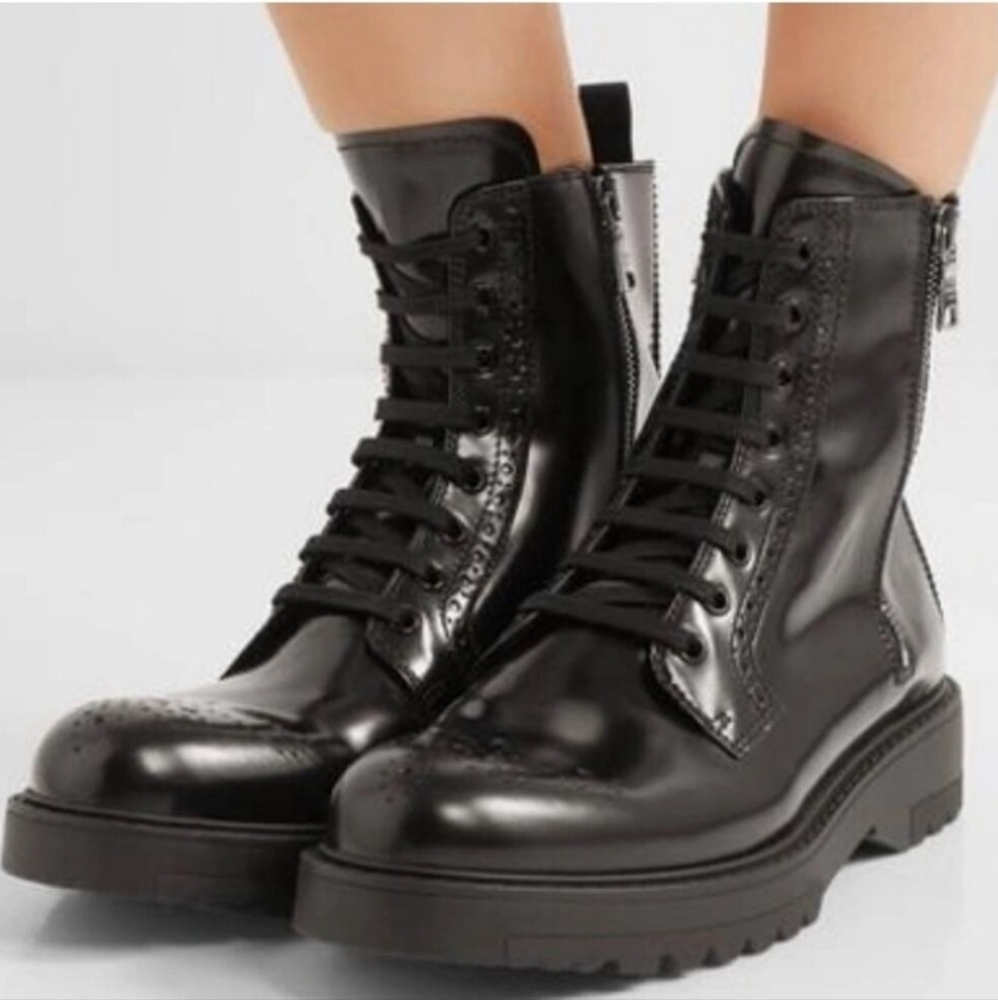 Prada Brogue Combat Boots Shiny Black Leather Lace-up & Double Zipper  EU 38